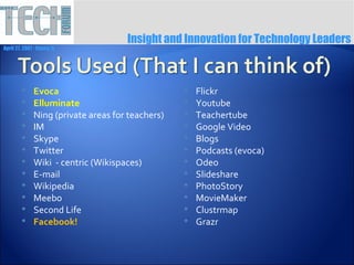 Insight and Innovation for Technology Leaders
April 27, 2007 ∙ Itasca, IL




              Evoca                                  Flickr
              Elluminate                             Youtube
              Ning (private areas for teachers)      Teachertube
              IM                                     Google Video
              Skype                                  Blogs
              Twitter                                Podcasts (evoca)
              Wiki - centric (Wikispaces)            Odeo
              E-mail                                 Slideshare
              Wikipedia                              PhotoStory
              Meebo                                  MovieMaker
              Second Life                            Clustrmap
              Facebook!                              Grazr
 