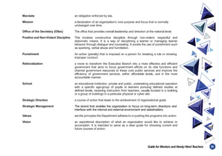 83
Guidefor MentorsandNewlyHiredT
eachers
Mandate an obligation enforced by law.
Mission a declaration of an organization’s core purpose and focus that is normally
unchanged over time.
Office of the Secretary (OSec) The office that provides overall leadership and direction at the national level.
Positive and Non-Violent Discipline This involves constructive discipline through non-violent, respectful and
diplomatic means. It is a way of disciplining a learner or managing learner
behavior through dialogue and counseling. It avoids the use of punishment such
as spanking, verbal abuse and humiliation.
Punishment An action (penalty) that is imposed on a person for breaking a rule or showing
improper conduct.
Rationalization a move to transform the Executive Branch into a more effective and efficient
government that aims to focus government efforts on its vital functions and
channel government resources to these core public services and improve the
efficiency of government services, within affordable levels, and in the most
accountable manner.
School an educational institution, private and public, undertaking educational operation
with a specific age-group of pupils or learners pursuing defined studies at
defined levels, receiving instruction from teachers, usually located in a building
or a group of buildings in a particular physical or cyber site.
Strategic Direction a course of action that leads to the achievement of organizational goals.
Strategic Management The strand that enables the organization to focus on long-term directions and
interface with the internal and external environment and stakeholders.
Values are the principles the Department adheres to in pushing the programs into action.
Vision an aspirational description of what an organization would like to achieve or
accomplish. It is intended to serve as a clear guide for choosing current and
future courses of action.
 