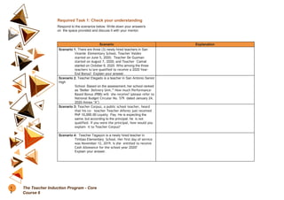 Required Task 1: Check your understanding
Respond to the scenarios below. Write down your answer/s
on the space provided and discuss it with your mentor.
Scenario Explanation
Scenario 1. There are three (3) newly hired teachers in San
Vicente Elementary School. Teacher Valdez
started on June 5, 2020; Teacher De Guzman
started on August 7, 2020; and Teacher Camat
started on October 8, 2020. Who among the three
teachers is/are qualified to receive a 2020 Year-
End Bonus? Explain your answer.
Scenario 2. Teacher Elegado is a teacher in San Antonio Senior
High
School. Based on the assessment, her school ranked
as “Better Delivery Unit.” How much Performance-
Based Bonus (PBB) will she receive? (please refer to
National Budget Circular No. 579 dated January 24,
2020 Annex “A”)
Scenario 3: Teacher Corpuz, a public school teacher, heard
that his co- teacher Teacher Alferez just received
PhP 10,000.00 Loyalty Pay. He is expecting the
same; but according to the principal, he is not
qualified. If you were the principal, how would you
explain it to Teacher Corpuz?
Scenario 4: Teacher Tagayon is a newly hired teacher in
Timbao Elementary School. Her first day of service
was November 12, 2019. Is she entitled to receive
Cash Allowance for the school year 2020?
Explain your answer.
1
2
The Teacher Induction Program - Core
Course 6
 