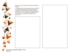 Required Task: Reflection Question (Portfolio
Output)
The Department of Education values the vital role of teachers
in nurturing the holistic being of the learners to become
productive citizens of the nation. It ensures teachers just
compensation, incentives, benefits, and rewards for them to
live a decent life. As a new member of the DepEd family,
how can you show appreciation to this effort of the
government?
2
0
The Teacher Induction Program - Core
Course 6
 