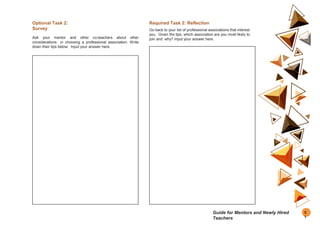 Optional Task 2:
Survey
Ask your mentor and other co-teachers about other
considerations in choosing a professional association. Write
down their tips below: Input your answer here.
Required Task 2: Reflection
Go back to your list of professional associations that interest
you. Given the tips, which association are you most likely to
join and why? Input your answer here.
5
1
Guide for Mentors and Newly Hired
Teachers
 