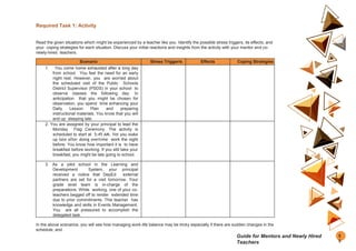 Required Task 1: Activity
Read the given situations which might be experienced by a teacher like you. Identify the possible stress triggers, its effects, and
your coping strategies for each situation. Discuss your initial reactions and insights from the activity with your mentor and co-
newly-hired teachers.
Scenario Stress Trigger/s Effects Coping Strategies
1. You come home exhausted after a long day
from school. You feel the need for an early
night rest. However, you are worried about
the scheduled visit of the Public Schools
District Supervisor (PSDS) in your school to
observe classes the following day. In
anticipation that you might be chosen for
observation, you spend time enhancing your
Daily Lesson Plan and preparing
instructional materials. You know that you will
end up sleeping late.
2. You are assigned by your principal to lead the
Monday Flag Ceremony. The activity is
scheduled to start at 5:45 AM. Yet you wake
up late after doing overtime work the night
before. You know how important it is to have
breakfast before working. If you still take your
breakfast, you might be late going to school.
3. As a pilot school in the Learning and
Development System, your principal
received a notice that DepEd external
partners are set for a visit tomorrow. Your
grade level team is in-charge of the
preparations. While working, one of your co-
teachers begged off to render extended time
due to prior commitments. This teacher has
knowledge and skills in Events Management.
You are all pressured to accomplish the
delegated task.
In the above scenarios, you will see how managing work-life balance may be tricky especially if there are sudden changes in the
schedule, and
5
5
Guide for Mentors and Newly Hired
Teachers
 