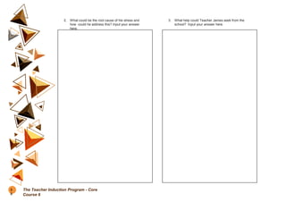 3. What help could Teacher James seek from the
school? Input your answer here.
2. What could be the root cause of his stress and
how could he address this? Input your answer
here.
5
8
The Teacher Induction Program - Core
Course 6
 