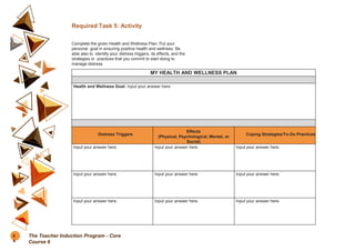 Required Task 5: Activity
Complete the given Health and Wellness Plan. Put your
personal goal in ensuring positive health and wellness. Be
able also to identify your distress triggers, its effects, and the
strategies or practices that you commit to start doing to
manage distress.
MY HEALTH AND WELLNESS PLAN
Health and Wellness Goal: Input your answer here.
Distress Triggers
Effects
(Physical, Psychological, Mental, or
Social)
Coping Strategies/To-Do Practices
Input your answer here. Input your answer here. Input your answer here.
Input your answer here. Input your answer here. Input your answer here.
Input your answer here. Input your answer here. Input your answer here.
6
4
The Teacher Induction Program - Core
Course 6
 