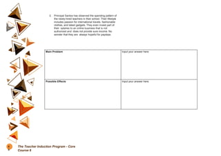 2. Principal Santos has observed the spending pattern of
the newly-hired teachers in their school. Their lifestyle
includes passion for international travels, fashionable
clothes, and latest gadgets. They even invest part of
their salaries to an online business that is not
authorized and does not provide sure income. No
wonder that they are always hopeful for paydays.
Main Problem Input your answer here.
Possible Effects Input your answer here.
6
8
The Teacher Induction Program - Core
Course 6
 