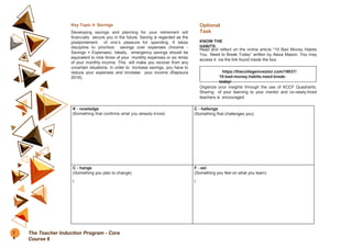 Key Topic 4: Savings
Developing savings and planning for your retirement will
financially secure you in the future. Saving is regarded as the
postponement of one’s pleasure for spending. It takes
discipline to prioritize savings over expenses (Income -
Savings = Expenses). Ideally, emergency savings should be
equivalent to nine times of your monthly expenses or six times
of your monthly income. This will make you recover from any
uncertain situations. In order to increase savings, you have to
reduce your expenses and increase your income (Rapisura
2016).
K - nowledge
(Something that confirms what you already know)
C - hallenge
(Something that challenges you)
C - hange
(Something you plan to change)
I
F - eel
(Something you feel on what you learn)
I
Optional
Task
KNOW THE
HABITS:
Read and reflect on the online article “10 Bad Money Habits
You Need to Break Today” written by Alexa Mason. You may
access it via the link found inside the box.
https://thecollegeinvestor.com/19037/
10-bad-money-habits-need-break-
today/
Organize your insights through the use of KCCF Quadrants.
Sharing of your learning to your mentor and co-newly-hired
teachers is encouraged.
7
4
The Teacher Induction Program - Core
Course 6
 