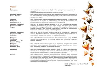 Authorization refers to the formal evaluation of non-DepEd entities applying to become a provider of
recognized
professional development programs and/or courses for teachers.
Authorized Learning
Service Provider
refers to a non-DepEd provider that has been awarded formal, fixed term Authorization of
the National Educators Academy of the Philippines to provide professional development to
teachers within DepEd.
Continuing
Professional
Development (CPD)
refers to the inculcation of advanced knowledge, skills and ethical values in a post-licensure
specialization or in an inter- or multidisciplinary field of study, for assimilation into
professional practice, self-directed research and/or lifelong learning.
Continuing Professional
Development (CPD)
Program
refers to a set of learning activities accredited by the CPD Council such as seminars,
workshops, technical lectures or subject matter meetings, non-degree training lectures
and scientific meetings, modules, tours and visits, which equip the professionals with
advanced knowledge, skills and values in specialized or in an inter- or multidisciplinary
field of study, self-directed research and/or lifelong learning
Continuing Professional
Development (CPD)
Credit Unit
refers to the value of an amount of learning that can be transferred to a qualification
achieved from formal, informal or nonformal learning setting, wherein credits can be
accumulated to predetermined levels for the award of a qualification.
Philippine
Professional
Standards for
Teachers (PPST)
refers to the official document that articulates what constitutes teacher quality. The PPST
describes the increasing levels of knowledge, practice, and professional engagement
expected of teachers.
Philippine
Qualifications
Framework (PQF)
refers to a quality assured national system for the development, recognition, and award of
qualifications based on standards of knowledge, skills, and values acquired in different
ways and methods by learners and workers in the country.
Recognition refers to a quality assurance process intended to uphold the Learning and Development
standards in the development and delivery of professional development programs and
courses provided to DepEd teachers through an evaluation mechanism.
Teachers refers to the regular and permanent personnel in schools or learning centers “engaged in
the classroom teaching of any subject, including practical/vocational arts, at the elementary
and secondary levels of instruction including persons performing guidance and counseling,
instructional supervision in all private or public education institutions, but shall not include
school nurses, school physicians, school dentists, school administrators, and other school
administrative support employees”.
Glossar
y
8
5
Guide for Mentors and Newly Hired
Teachers
 