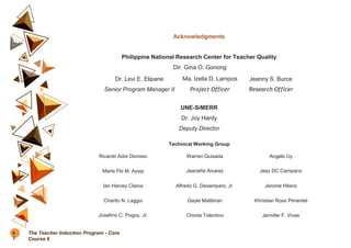 Acknowledgments
Philippine National Research Center for Teacher Quality
Dir. Gina O. Gonong
Dr. Levi E. Elipane
Senior Program Manager II
Ma. Izella D. Lampos
Project Officer
Jeanny S. Burce
Research Officer
UNE-SiMERR
Dr. Joy Hardy
Deputy Director
Technical Working Group
Ricardo Ador Dionisio Warren Quisada Angelo Uy
Marie Flo M. Aysip Jeanette Alvarez Jeaz DC Campano
Ian Harvey Claros Alfredo G. Desamparo, Jr. Jerome Hilario
Charito N. Laggui Gayle Malibiran Khristian Ross Pimentel
Josefino C. Pogoy, Jr. Chinita Tolentino Jennifer F. Vivas
9
2
The Teacher Induction Program - Core
Course 6
 