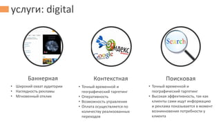 услуги: digital
• Точный временной и
географический таргетинг
• Высокая эффективность, так как
клиенты сами ищут информацию
и реклама показывается в момент
возникновения потребности у
клиента
• Точный временной и
географический таргетинг
• Оперативность
• Возможность управления
• Оплата осуществляется по
количеству реализованных
переходов
• Широкий охват аудитории
• Наглядность рекламы
• Мгновенный отклик
Баннерная ПоисковаяКонтекстная
 