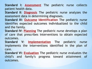 Standard I: Assessment The pediatric nurse collects
patient health data.
Standard II: Diagnosis The pediatric nurse analyzes the
assessment data in determining diagnoses.
Standard III: Outcome Identification The pediatric nurse
identifies expected outcomes individualized to the child
and the family.
Standard IV: Planning The pediatric nurse develops a plan
of care that prescribes interventions to obtain expected
outcomes.
Standard V: Implementation The pediatric nurse
implements the interventions identified in the plan of
care.
Standard VI: Evaluation The pediatric nurse evaluates the
child’s and family’s progress toward attainment of
outcomes.
 