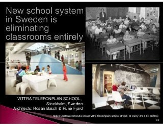 VITTRA TELEFONPLAN SCHOOL,
                  Stockholm, Sweden
Architects: Rosan Bosch & Rune Fjord
                    http://funsterz.com/2012/03/20/vittra-telefonplan-school-dream-of-every-child-14-photos/
                                                                                                          22
 