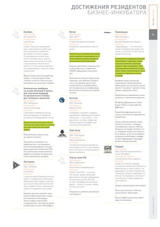 ДОСТИЖЕНИЯ РЕЗИДЕНТОВ




                                                                                                             Вестник «Ингрии»
                                           БИЗНЕС-ИНКУБАТОРА


Комбайн                             Мотив                               Правовед.ру
Организация:                        Организация:                        Организация:                         21
ИП Синев И. А.                      ООО «ИНТ»                           ООО «Лексбург»
Руководитель:                       Руководитель:                       Руководитель:
Синев Игорь                         Голубев Аркадий Зиновьевич          Мешков Валерий Викторович
Описание:                           Описание:                           Описание:
Сервис позволяет всем желаю-        Разработка программного обеспе-     «Правовед.ру» — это технологи-
щим с максимальным удобством        чения.                              ческая платформа для предостав-
воспользоваться совместной          +                                   ления и получения полного цикла
доставкой и получать товары         Разработана методика дистанци-      юридических услуг.
по максимально низкой цене.         онного аудита, мониторинга и со-    +
Узнать итоговую цену и сделать      провождения системы контроля        Переделаны и запущены основные
заказ можно в несколько кликов,     исполнительской дисциплины.         “продающие” страницы сайта
а организаторы покупок могут        +                                   (главная, типовая страница
тратить в 3-5 раз меньше времени    Начата подготовка специалистов      вопроса, тур о продукте). Эти
на коммуникацию и получать новых    в этой области из студентов         страницы давно требовали пере-
покупателей.                        СПбГПУ (факультет инновати-         делки, сейчас этот большой этап
+                                   ки).                                завершен и страницы готовы
Проект продолжает разработку        +                                   к релизу.
сервиса, а также ищет людей,        Подготовлен доклад «Управление      +
готовых взять на себя роль орга-    задачами, как средство контрол-     Внедрены новые механизмы
низаторов коллективных закупок.     линга (на примере малого про-       виральности. Теперь ускорить
                                    изводственного предприятия)»        публикацию своего вопроса можно
Композитные мембраны                для выступления на конференции      просто “полайкав” проект в попу-
на основе металлов 5 группы         Вологодского Технического Универ-   лярных социальных сетях.
для получения водорода              ситета.                             +
из органического топлива                                                Переработана внутренняя систе-
для топливных элементов             Октопод                             ма учета и статистики проекта.
Организация:                        Организация:                        +
ООО «Меводэна»                      ООО «Октопод»                       Внедрение функционала новой
Руководитель:                       Руководитель:                       услуги «Поиск и заказ юриста
Лившиц Александр                    Курилин Илья                        оффлайн».
Описание:                           Описание:                           +
Cелективные мембраны для вы-        Платформа позволяет создавать       Разработка функционала для
деления водорода из продуктов       приложения, работающие на любых     заказа и подготовки юридических
конверсии углеводородных топлив.    мобильных — и не только — опе-      документов
+                                   рационных системах, предостав-      +
Получено положительное заклю-       ляющие единый интерфейс для         Анализ работы проекта сейчас
чение на полезную модель и подана   конечных пользователей.             ведется не только с помощью
еще одна заявка на полезную                                             стандартных сервисов (Яндекс.
модель.                                                                 Метрика или Google Analitycs) но
                                    Подстер.ру
+                                                                       и с помощью специально написан-
                                    Организация:
Подготовлена заявка на ми-                                              ного модуля, легко позволяющего
                                    ООО «Подстер.ру»
ни-грант Сколково.                                                      получать необходимую специфи-
                                    Руководитель:
+                                                                       ческую информацию, присущую
                                    Борисов Валентин
Заключено соглашение о со-                                              именно нашему проекту.
                                    Описание:
трудничестве с институтом           Система монетизации распростра-
высокотемпературной электро-        нения аудио контента. Для каждой    Радарио
химии уральского отделения РАН      роли участника системы решаются     Организация:
об изготовлении тонкостенных        разные проблемы.                    ООО «Позитив коммуникейшнз
трубок из ванадия для производ-                                         Санкт-Петербург»
ства композитных мембран.                                               Руководитель проекта:
                                    Портал твоей РФ
                                                                        Cучков Сергей Александрович
                                    Организация:
Лекториум                                                               Описание:
                                    ООО «Инфолиант»
Организация:                                                            Сервис по выпуску, продаже
                                    Руководитель:
ООО «ТАЛЬОН»                                                            и контролю электронных билетов на
                                    Аргов Никита Владимирович
Руководитель:                                                           мероприятия, а также работе с их
                                    Описание:
Солов Яков                                                              аудиторией. Система позволяет ор-
                                    Портал Твоей РФ — это интер-
Описание:                                                               ганизатору получать подробную ста-
                                    нет-портал, предоставляющий
Создание единой межвузовской ин-                                        тистику по продажам и активности
                                    максимально полную информацию
тернет-площадки для публикации                                          посетителей, а также продвигать
                                    об отдельных рынках Москвы
образовательного видео и трансля-                                       свои события.
                                    и Санкт-Петербурга (в настоящее
ции лучшей образовательной прак-                                        +
                                    время — только по рынку стомато-
тики, внедряя самые современные                                         Закрыли первый раунд инвестиций.
                                    логических услуг).
сервисы в академическую среду.                                          +
                                    +
+                                                                       Начали развиваться в Москве,
                                    Стартовала работа над редизай-
Команда проекта активно запи-                                           нашли бизнес-девелопера.
                                    ном портала.
сывает образовательные лекции                                           +
                                                                        Нашли профессионального дирек-
                                                                                                             январь-февраль 2013




для медиатеки Лекториум.
Также ведутся переговоры                                                тора по развитию.
о партнерстве с московским вузом
и рядом вузов Санкт-Петербурга.
 