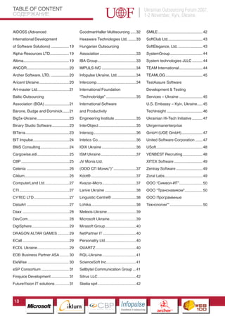 TABLE OF CONTENT                                                                                                           Ukrainian Outsourcing Forum 2007,
СОДЕРЖАНИЕ                                                                                                                 1-2 November, Kyiv, Ukraine


AIDOSS (Advanced                                                 GoodmanHaller Multisourcing ..... 32                       SMILE .......................................... 42
Іnternatіonal Development                                        Hexaware Technologies Ltd. ....... 33                      SoftClub Ltd. ................................ 43
of Software Solutіons) ................. 19                      Hungarian Outsourcing                                      SoftElegance, Ltd. ....................... 43
Alpha-Resources LTD.................. 19                         Association .................................. 33          SystemGroup............................... 44
Altima........................................... 19             IBA Group .................................... 33          System technologies JLLC .......... 44
ANCOR........................................ 20                 IMPULS-IVC ................................ 34             TEAM International ...................... 44
Archer Software, LTD. ................. 20                       Infopulse Ukraine, Ltd. ................. 34               TEAMLOG ................................... 45
Aricent Ukraine ............................ 20                  Intercomp ..................................... 34         TestAssure Software
Art-master Ltd. ............................. 21                 International Foundation                                   Development & Testing
Baltic Outsourcing                                               “Technobridge” ............................ 35             Services – Ukraine ...................... 45
Association (BOA) ....................... 21                     International Software                                     U.S. Embassy – Kyiv, Ukraine ..... 45
Barone, Budge and Dominick ...... 21                             and Productivity                                           TechInsight .................................. 46
Big5x-Ukraine .............................. 23                  Engineering Institute .................... 35              Ukrainian Hi-Tech Initiative .......... 47
Binary Studio Software ................ 23                       InterObject ................................... 35         Ukrgermanenterprise
BITerra ......................................... 23             Intersog ........................................ 36       GmbH (UGE GmbH) .................... 47
BIT Impulse.................................. 24                 Intetics Co. ................................... 36        United Software Corporation ....... 47
BMS Consulting ........................... 24                    IOIX Ukraine ................................ 36           USoft............................................ 48
Cargowise.edi .............................. 25                  ISM Ukraine ................................. 37           VENBEST Recruiting ................... 48
CBP ............................................. 25             JV Monis Ltd.                                              XITEX Software ........................... 49
Celenia ........................................ 26              (ООО СП Монис”)” ..................... 37                  Zentray Software ......................... 49
Ciklum.......................................... 26              Kdot® .......................................... 37        Zoral Labs.................................... 49
ComputerLand Ltd. ...................... 27                      Kvazar-Micro................................ 37            ООО “Символ-ИТ”...................... 50
CTI ............................................... 27           Larive Ukraine ............................. 38            ООО “Транснавиком”................. 50
CYTEC LTD ................................. 27                   Linguistic Centre® ....................... 38              ООО Программные
DataArt ........................................ 27              Lohika .......................................... 38       Технологии”” ............................... 50
Daxx ............................................ 28             Melexis-Ukraine ........................... 39
DevCom....................................... 28                 Microsoft Ukraine......................... 39
DigiSphere ................................... 29                Mirasoft Group ............................. 40
DRAGON ALTAR GAMES ........... 29 GrayNetPartner IT ............................... 40
                      Pantone Cool    7C
                                          Pantone 716C

ECall ............................................ 29
                                          Pantone 548C           Personality Ltd. ............................ 40
ECDL Ukraine .............................. 29                   QUARTZ ...................................... 40
EDB Business Partner ASA ......... 30                            RQL-Ukraine................................ 41
EleWise ....................................... 30               ScienceSoft Inc............................ 41
eSP Consortium .......................... 31                     Sellbytel Communication Group ... 41
Firejuice Development ................. 31                       Sitrus LLC .................................... 42
FutureVision IT solutions ............. 31                       Skelia sprl .................................... 42



 18
                                                CBP
                                         Cross Border Projects
                                                                                                   Cross Border Projects
                                                                                                                                      CBP
                                                                                                                               Cross Border Projects
 