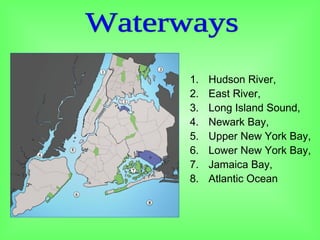 1. Hudson River,
2. East River,
3. Long Island Sound,
4. Newark Bay,
5. Upper New York Bay,
6. Lower New York Bay,
7. Jamaica Bay,
8. Atlantic Ocean
 