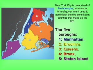 The fiveThe five
boroughs:boroughs:
1: Manhattan1: Manhattan,,
2: Brooklyn2: Brooklyn,,
3: Queens3: Queens,,
4: Bronx4: Bronx,,
5: Staten Island5: Staten Island
New York City is comprised of
five boroughs, an unusual
form of government used to
administer the five constituent
counties that make up the
city.
 