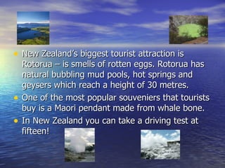 New Zealand’s biggest tourist attraction is Rotorua – is smells of rotten eggs. Rotorua has natural bubbling mud pools, hot springs and geysers which reach a height of 30 metres. One of the most popular souveniers that tourists buy is a Maori pendant made from whale bone. In New Zealand you can take a driving test at fifteen! 