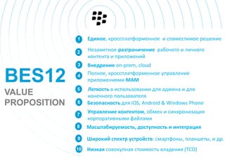 10
1
2
3
4
5
6
7
8
9
BES12
VALUE
PROPOSITION
Единое, кроссплатформенное и совместимое решение
Незаметное разграничение рабочего и личного
контента и приложений
Внедрение on-prem, cloud
Полное, кроссплатформенное управление
приложениями MAM
Легкость в использовании для админа и для
конечного пользователя
Безопасность для iOS, Android & Windows Phone
Управление контентом, обмен и синхронизация
корпоративными файлами
Масштабируемость, доступность и интеграция
Широкий спектр устройств: смартфоны, планшеты, и др.
Низкая совокупная стоимость владения (TCO)
 