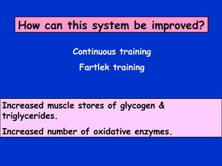 How can this system be improved? Increased muscle stores of glycogen & triglycerides. Increased number of oxidative enzymes. Continuous training Fartlek training 