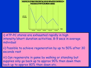 i) ATP-PC stores are exhausted rapidly in high intensity/short duration activities. 8-9 secs in average individual ii) Possible to achieve regeneration by up to 50% after 30 seconds rest iii) Can regenerate in game by walking or standing but supplies only go back up to approx 90% then down then back up to approx 80% then down etc. 