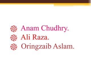 ֎ Anam Chudhry.
֎ Ali Raza.
֎ Oringzaib Aslam.
 