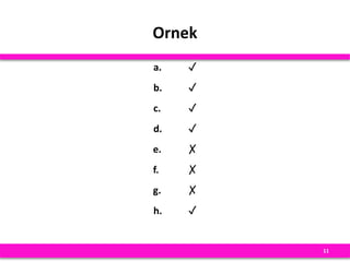Ornek
a. ✓
b. ✓
c. ✓
d. ✓
e. ✗
f. ✗
g. ✗
h. ✓
11
 