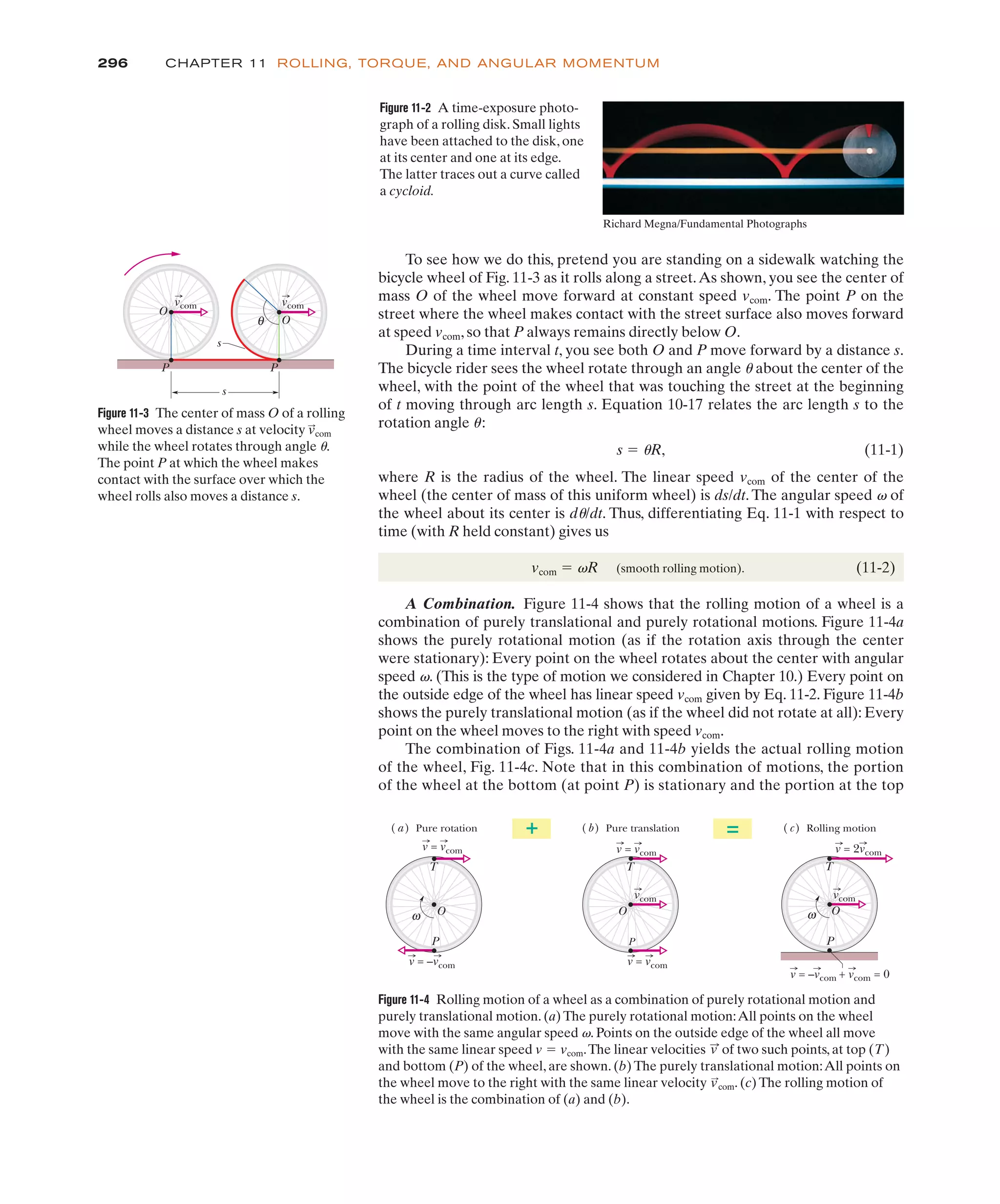 To see how we do this, pretend you are standing on a sidewalk watching the
bicycle wheel of Fig. 11-3 as it rolls along a street.As shown, you see the center of
mass O of the wheel move forward at constant speed vcom. The point P on the
street where the wheel makes contact with the street surface also moves forward
at speed vcom, so that P always remains directly below O.
During a time interval t, you see both O and P move forward by a distance s.
The bicycle rider sees the wheel rotate through an angle u about the center of the
wheel, with the point of the wheel that was touching the street at the beginning
of t moving through arc length s. Equation 10-17 relates the arc length s to the
rotation angle u:
s ! uR, (11-1)
where R is the radius of the wheel. The linear speed vcom of the center of the
wheel (the center of mass of this uniform wheel) is ds/dt. The angular speed v of
the wheel about its center is du/dt. Thus, differentiating Eq. 11-1 with respect to
time (with R held constant) gives us
vcom ! vR (smooth rolling motion). (11-2)
A Combination. Figure 11-4 shows that the rolling motion of a wheel is a
combination of purely translational and purely rotational motions. Figure 11-4a
shows the purely rotational motion (as if the rotation axis through the center
were stationary): Every point on the wheel rotates about the center with angular
speed v. (This is the type of motion we considered in Chapter 10.) Every point on
the outside edge of the wheel has linear speed vcom given by Eq. 11-2. Figure 11-4b
shows the purely translational motion (as if the wheel did not rotate at all): Every
point on the wheel moves to the right with speed vcom.
The combination of Figs. 11-4a and 11-4b yields the actual rolling motion
of the wheel, Fig. 11-4c. Note that in this combination of motions, the portion
of the wheel at the bottom (at point P) is stationary and the portion at the top
296 CHAPTER 11 ROLLING, TORQUE, AND ANGULAR MOMENTUM
Figure 11-2 A time-exposure photo-
graph of a rolling disk. Small lights
have been attached to the disk, one
at its center and one at its edge.
The latter traces out a curve called
a cycloid.
Richard Megna/Fundamental Photographs
P
O
vcom
T
v = 2vcom
v = –vcom + vcom = 0
P
O
vcom
T
v = vcom
v = vcom
P
O
T
v = vcom
v = –vcom
+
+ =
= (c) Rolling motion
(b) Pure translation
(a) Pure rotation
ω ω
Figure 11-4 Rolling motion of a wheel as a combination of purely rotational motion and
purely translational motion. (a) The purely rotational motion:All points on the wheel
move with the same angular speed v. Points on the outside edge of the wheel all move
with the same linear speed v ! vcom.The linear velocities of two such points, at top (T)
and bottom (P) of the wheel, are shown. (b) The purely translational motion:All points on
the wheel move to the right with the same linear velocity . (c) The rolling motion of
the wheel is the combination of (a) and (b).
v
:
com
v
:
Figure 11-3 The center of mass O of a rolling
wheel moves a distance s at velocity
while the wheel rotates through angle u.
The point P at which the wheel makes
contact with the surface over which the
wheel rolls also moves a distance s.
v
:
com
P P
O
O
θ
s
vcom
s
vcom
 