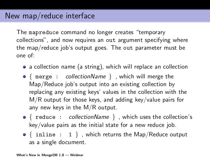 r merge reduce v1.8 in What's MongoDB new