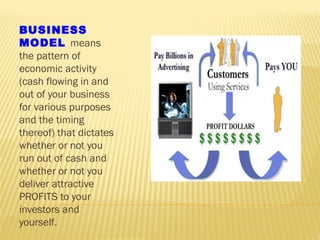 BUSINESS
MODEL means
the pattern of
economic activity
(cash flowing in and
out of your business
for various purposes
and the timing
thereof) that dictates
whether or not you
run out of cash and
whether or not you
deliver attractive
PROFITS to your
investors and
yourself.
 