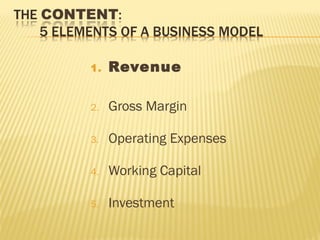 1. Revenue
2. Gross Margin
3. Operating Expenses
4. Working Capital
5. Investment
 