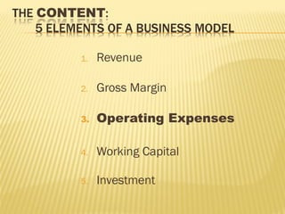1. Revenue
2. Gross Margin
3. Operating Expenses
4. Working Capital
5. Investment
 