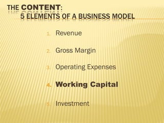 1. Revenue
2. Gross Margin
3. Operating Expenses
4. Working Capital
5. Investment
 