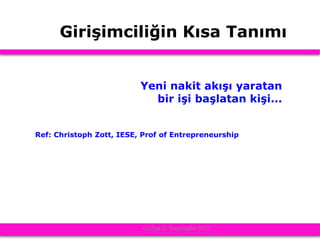 Girişimciliğin Kısa Tanımı
Yeni nakit akışı yaratan
bir işi başlatan kişi...
Ref: Christoph Zott, IESE, Prof of Entrepreneurship
(c) Ziya G. Boyacigiller 2012
 