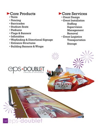 Core Products                        Core Services
      • Tents                              • Event Design
      • Fencing                            • Event Installation
      • Barricades                              Staffing
      • Stadium Seats                           Supervision
      • Podiums                                 Management
      • Flags & Banners                         Removal
      • Inflatables                        • Event Logistics
      • Wayfinding & Directional Signage        Transportation
      • Entrance Structures                     Storage
      • Building Banners & Wraps




           Your global event solution




160
      eps-doublet
 