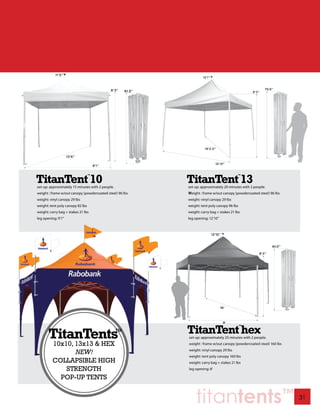 TitanTent 10                                              TitanTent 13
                                  ™                                                      ™



set-up: approximately 15 minutes with 2 people.           set-up: approximately 20 minutes with 2 people.
weight : frame w/out canopy (powdercoated steel) 96 lbs   Weight : frame w/out canopy (powdercoated steel) 96 lbs
weight: vinyl canopy 29 lbs                               weight: vinyl canopy 29 lbs
weight: tent poly canopy 82 lbs                           weight: tent poly canopy 96 lbs
weight: carry bag + stakes 21 lbs                         weight: carry bag + stakes 21 lbs
leg opening: 9’1”                                         leg opening: 12’10”




                                                          TitanTent hex
                                                                                            ™



                                                          set-up: approximately 25 minutes with 2 people.
         10x10, 13x13 & HEX                               weight : frame w/out canopy (powdercoated steel) 160 lbs
                                                          weight: vinyl canopy 29 lbs
                NEW!
                                                          weight: tent poly canopy 160 lbs
         COLLAPSIBLE HIGH                                 weight: carry bag + stakes 21 lbs
             STRENGTH                                     leg opening: 8’

           POP-UP TENTS


                                                              titantents™                                            31
 