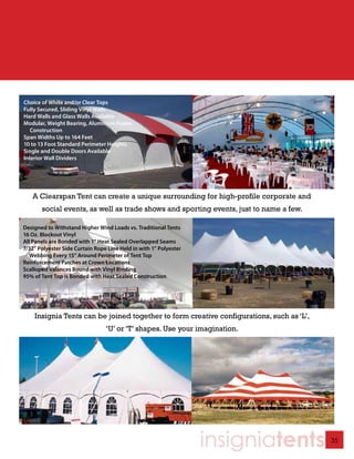 Choice of White and/or Clear Tops
Fully Secured, Sliding Vinyl Walls
Hard Walls and Glass Walls Available
Modular, Weight Bearing, Aluminum Frame
   Construction
Span Widths Up to 164 Feet
10 to 13 Foot Standard Perimeter Heights
Single and Double Doors Available
Interior Wall Dividers




   A Clearspan Tent can create a unique surrounding for high-profile corporate and
       social events, as well as trade shows and sporting events, just to name a few.

Designed to Withstand Higher Wind Loads vs. Traditional Tents
16 Oz. Blockout Vinyl
All Panels are Bonded with 1” Heat Sealed Overlapped Seams
7/32” Polyester Side Curtain Rope Line Held in with 1” Polyester
   Webbing Every 15” Around Perimeter of Tent Top
Reinforcement Patches at Crown Locations
Scalloped Valances Bound with Vinyl Binding
95% of Tent Top is Bonded with Heat Sealed Construction




    Insignia Tents can be joined together to form creative configurations, such as ‘L’,
                                 ‘U’ or ‘T’ shapes. Use your imagination.




                                                                   insigniatents          35
 