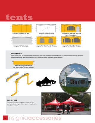 tents
                Standard Insignia Full Wall                               Insignia Full Wall: Clear                        Insignia Full Wall: Bay Window
                                                                                                                                 with Zipper Doors




                  Insignia Full Wall: Mesh                        Insignia Full Wall: French Window                        Insignia Full Wall: Bay Window



            INSIGNIA WALLS
            Printed graphics, solid, bay or french windows, zipper doors: walls can be completely customized. Available in a variety of materials, full walls are great for
            backdrops or enclosures. Walls offer convenience with a sliding cable system, allowing for ultimate versatility.




                    Standard Insignia Half Wall
                 (ask about mesh or clear option)




     RAIN GUTTERS
     Rain gutters fit between multiple tents to keep rain from
     pouring into the tent. Optional downspout will help direct the
     water further from tent.




36
     insigniaaccessories
 