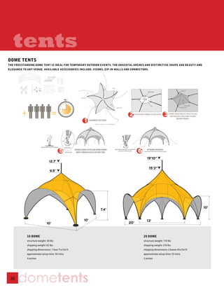 tents
DOME TENTS
THE FREESTANDING DOME TENT IS IDEAL FOR TEMPORARY OUTDOOR EVENTS. THE GRACEFUL ARCHES AND DISTINCTIVE SHAPE ADD BEAUTY AND
ELEGANCE TO ANY VENUE. AVAILABLE ACCESSORIES INCLUDE: VISORS, ZIP-IN WALLS AND CONNECTORS.




                                                                                         19’10”
                                12.7’

                                                                                             15’3”
                                9.5’




                                                                                                                              10’
                                                           7.4’


                                                  10’                                   13’
                             10’                                             20’


            10 DOME                                                                   20 DOME
            structure weight: 30 lbs                                                  structure weight: 110 lbs
            shipping weight: 62 lbs                                                   shipping weight: 210 lbs
            shipping dimensions: 1 box 71x13x13                                       shipping dimensions: 2 boxes 91x15x15
            approximate setup time: 30 mins                                           approximate setup time: 55 mins
            4 arches                                                                  5 arches




 38
      dometents
 