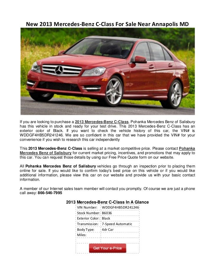 New 2013 Mercedes Benz C Class For Sale Near Annapolis Md