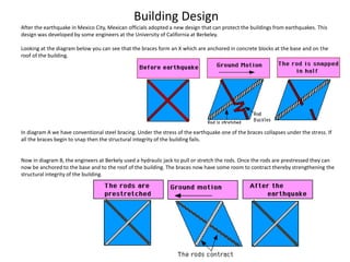 Building Design
After the earthquake in Mexico City, Mexican officials adopted a new design that can protect the buildings from earthquakes. This
design was developed by some engineers at the University of California at Berkeley.
Looking at the diagram below you can see that the braces form an X which are anchored in concrete blocks at the base and on the
roof of the building.
In diagram A we have conventional steel bracing. Under the stress of the earthquake one of the braces collapses under the stress. If
all the braces begin to snap then the structural integrity of the building fails.
Now in diagram B, the engineers at Berkely used a hydraulic jack to pull or stretch the rods. Once the rods are prestressed they can
now be anchored to the base and to the roof of the building. The braces now have some room to contract thereby strengthening the
structural integrity of the building.
 