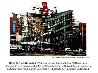 Kobe Earthquake Japan 1995 Structures in Kobe built since 1981 had been
designed to strict seismic codes. Most of these buildings withstood the earthquake. In
particular, newly built ductile-frame high rise buildings were generally undamaged.
http://www.vibrationdata.com/earthquakes/kobe.htm
 