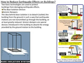 How to Reduce Earthquake Effects on Buildings?
Two basic technologies are used to protect
buildings from damaging earthquake effects.
The Base Isolation Devices
Seismic Dampers.
The idea behind base isolation is to detach (isolate) the
building from the ground in such a way that earthquake
motions are not transmitted up through the building, or
at least greatly reduced. Seismic dampers are special
devices introduced in the building to absorb the energy
provided by the ground motion to the building.
 
