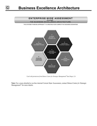 Business Excellence Architecture
Used with permission from Haines Centre for Strategic Management®
San Diego, CA
Note: For a more detailed or on-line internal Current State Assessment, contact Haines Centre for Strategic
Management®
for more details.
 