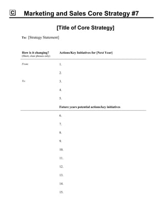 Marketing and Sales Core Strategy #7
[Title of Core Strategy]
To: [Strategy Statement]
How is it changing?
(Short, clear phrases only)
Actions/Key Initiatives for [Next Year]
From: 1.
2.
To: 3.
4.
5.
Future years potential actions/key initiatives
6.
7.
8.
9.
10.
11.
12.
13.
14.
15.
 