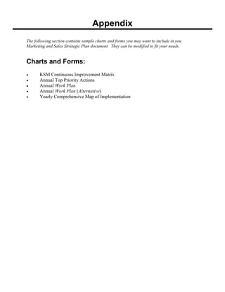 Appendix
The following section contains sample charts and forms you may want to include in you
Marketing and Sales Strategic Plan document. They can be modified to fit your needs.
Charts and Forms:
 KSM Continuous Improvement Matrix
 Annual Top Priority Actions
 Annual Work Plan
 Annual Work Plan (Alternative)
 Yearly Comprehensive Map of Implementation
 