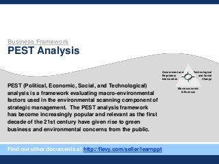 Business Framework
PEST Analysis
PEST (Political, Economic, Social, and Technological)
analysis is a framework evaluating macro-environmental
factors used in the environmental scanning component of
strategic management. The PEST analysis framework
has become increasingly popular and relevant as the first
decade of the 21st century have given rise to green
business and environmental concerns from the public.
Government and
Regulatory
Intervention
Technological
and Social
Change
Macroeconomic
Influences
Bargaining
Power of
Customers
Direct Rivalry
Among
Competitors
Threat of
Potential
Entrants
Bargaining
Power of
Suppliers
Threat of
Substitutes
Find our other documents at http://flevy.com/seller/learnppt
 