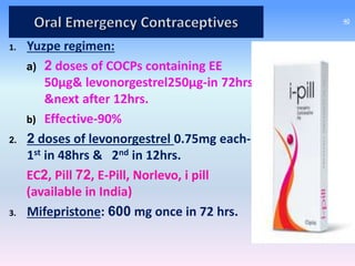 1. Yuzpe regimen:
a) 2 doses of COCPs containing EE
50µg& levonorgestrel250µg-in 72hrs
&next after 12hrs.
b) Effective-90%
2. 2 doses of levonorgestrel 0.75mg each-
1st in 48hrs & 2nd in 12hrs.
EC2, Pill 72, E-Pill, Norlevo, i pill
(available in India)
3. Mifepristone: 600 mg once in 72 hrs.
40
 