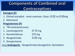 Estrogen (E)
1. Ethinyl estradiol - most common, Dose -0.02 to 0.05mg
2. Mestranol
Progesterone (P)
 19-nortestoterones:
...