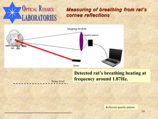 Measuring of breathing from rat’s
              cornea reflections




                 Detected rat’s breathing beating at
Noise level
                 frequency around 1.87Hz.




                                Reflected speckle pattern.
                                                             14
 