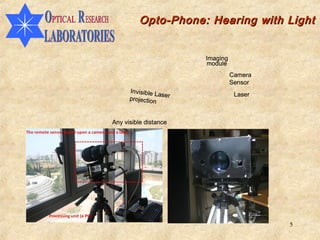 Opto-Phone: Hearing with Light


                        Imaging
                        module
                                  Camera
                                  Sensor
      Invisible L
                 aser              Laser
      projection


Any visible distance




                                           5
 