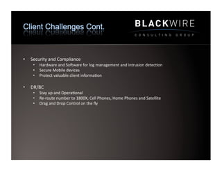•    Security	
  and	
  Compliance	
  
      •  Hardware	
  and	
  SoPware	
  for	
  log	
  management	
  and	
  intrusion	
  detec9on	
  
      •  Secure	
  Mobile	
  devices	
  	
  
      •  Protect	
  valuable	
  client	
  informa9on	
  

•    DR/BC	
  
      •  Stay	
  up	
  and	
  Opera9onal	
  
      •  Re-­‐route	
  number	
  to	
  1800X,	
  Cell	
  Phones,	
  Home	
  Phones	
  and	
  Satellite	
  
      •  Drag	
  and	
  Drop	
  Control	
  on	
  the	
  ﬂy	
  
 